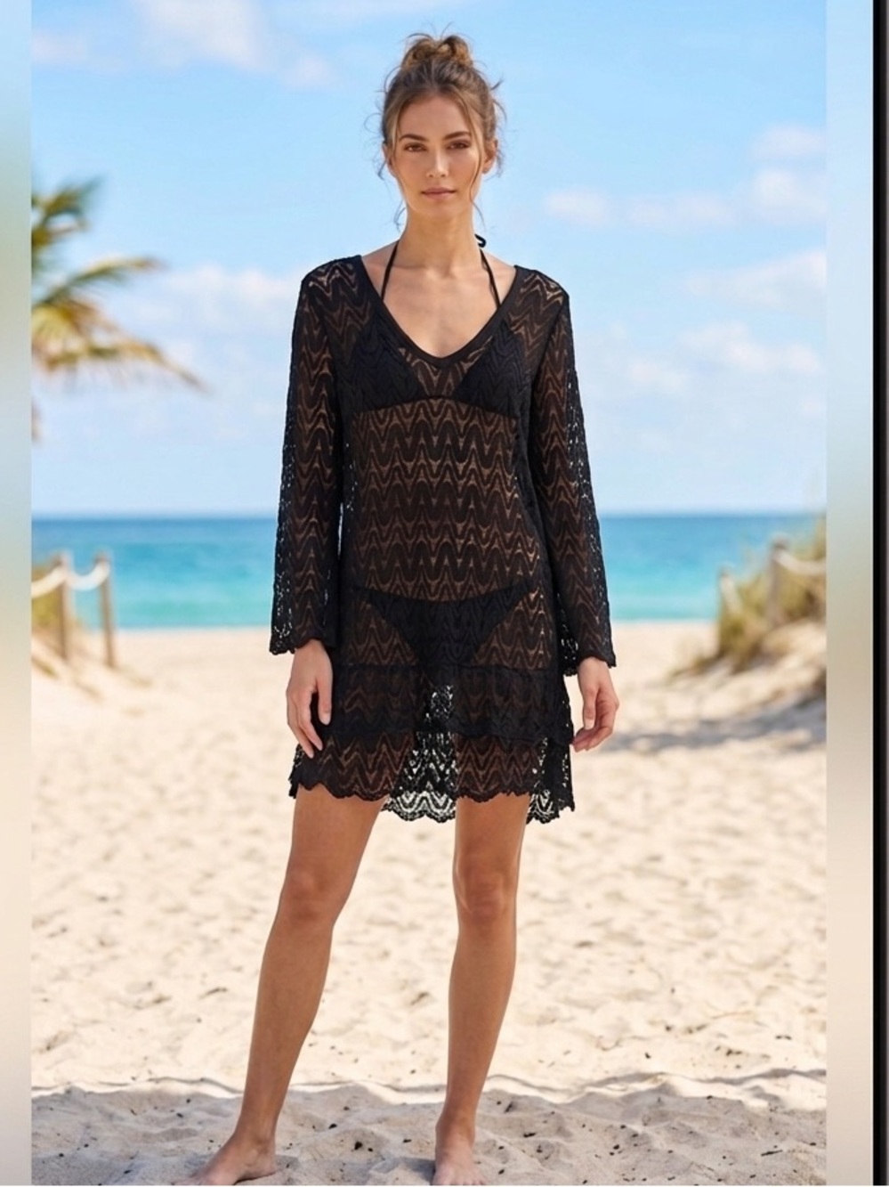 elif by Jordan Taylor Black Crochet V-Neck Knit Bathing Suit Resort Coverup